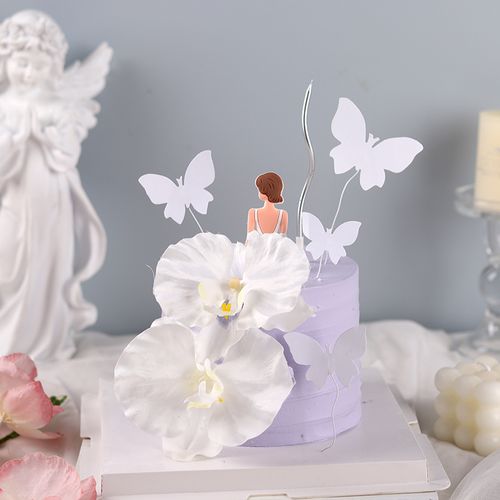 网红ins唯美女神背影蛋糕装饰摆件母亲节蝴蝶兰花朵烘焙插件插牌