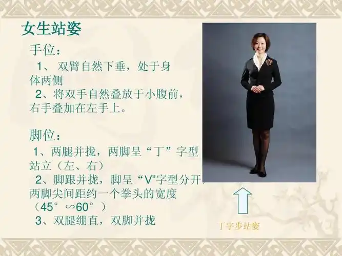 无忧文档 所有分类 人文社科 文化/宗教 标准站姿ppt 女生站姿 手位