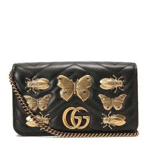 【极速发货】 gucci/古驰女士gg marmont 蝴蝶昆虫金属徽章链条包 单