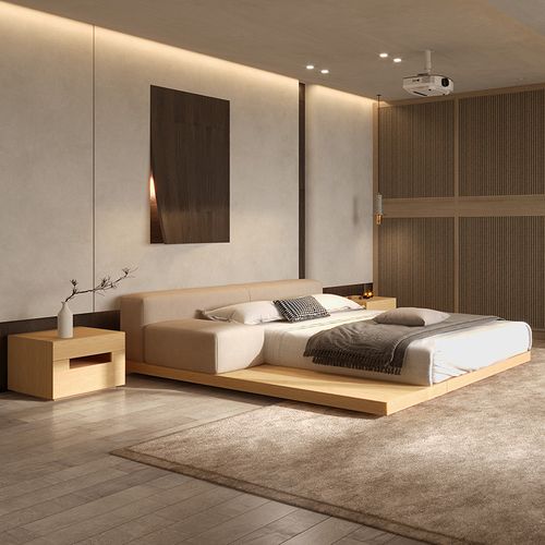 纳威布艺双人床日式侘寂风格简约现代新中式科技布艺床