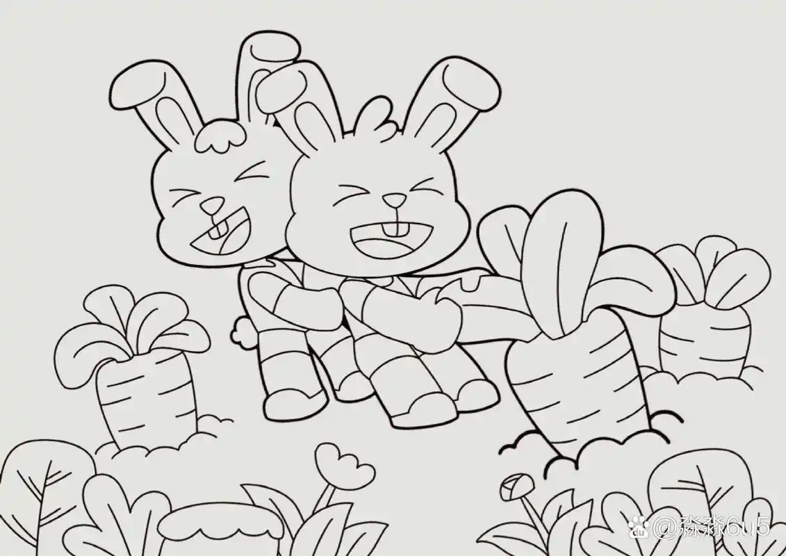 儿童主题画《小兔子拔萝卜》